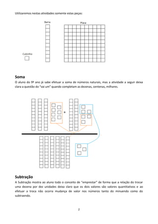 2
Utilizaremos nestas atividades somente estas peças:
Soma
O aluno do 9º ano já sabe efetuar a soma de números naturais, mas a atividade a seguir deixa
clara a questão do “vai um” quando completam as dezenas, centenas, milhares.
Subtração
A Subtração mostra ao aluno todo o conceito de “emprestar” de forma que a relação do trocar
uma dezena por dez unidades deixa claro que os dois valores são valores quantitativos e ao
efetuar a troca não ocorra mudança de valor nos números tanto do minuendo como do
subtraendo.
 