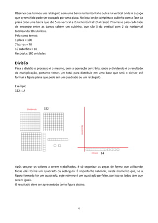 4
Observa que formou um retângulo com uma barra na horizontal e outra na vertical onde o espaço
que preenchido pode ser ocupado por uma placa. No local onde completa o cubinho com a face da
placa cabe uma barra que são 5 na vertical e 2 na horizontal totalizando 7 barras e para cada face
de encontro entre as barras cabem um cubinho, que são 5 da vertical com 2 da horizontal
totalizando 10 cubinhos.
Pela soma temos:
1 placa = 100
7 barras = 70
10 cubinhos = 10
Resposta: 180 unidades
Divisão
Para a divisão o processo é o mesmo, com a operação contrária, onde o dividendo é o resultado
da multiplicação, portanto temos um total para distribuir em uma base que será o divisor até
formar a figura plana que pode ser um quadrado ou um retângulo.
Exemplo
322 : 14
322
14
Após separar os valores a serem trabalhados, é só organizar as peças de forma que utilizando
todas elas forme um quadrado ou retângulo. É importante salientar, neste momento que, se a
figura formada for um quadrado, este número é um quadrado perfeito, por isso os lados tem que
serem iguais.
O resultado deve ser apresentado como figura abaixo.
 