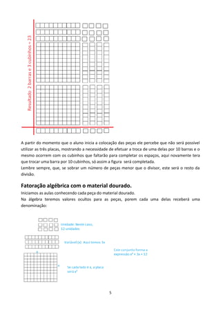 5
A partir do momento que o aluno inicia a colocação das peças ele percebe que não será possível
utilizar as três placas, mostrando a necessidade de efetuar a troca de uma delas por 10 barras e o
mesmo ocorrem com os cubinhos que faltarão para completar os espaços, aqui novamente tera
que trocar uma barra por 10 cubinhos, só assim a figura será completada.
Lembre sempre, que, se sobrar um número de peças menor que o divisor, este será o resto da
divisão.
Fatoração algébrica com o material dourado.
Iniciamos as aulas conhecendo cada peça do material dourado.
Na álgebra teremos valores ocultos para as peças, porem cada uma delas receberá uma
denominação:
 