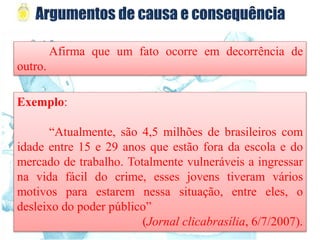 Afirma que um fato ocorre em decorrência de
outro.
Exemplo:
“Atualmente, são 4,5 milhões de brasileiros com
idade entre 15 e 29 anos que estão fora da escola e do
mercado de trabalho. Totalmente vulneráveis a ingressar
na vida fácil do crime, esses jovens tiveram vários
motivos para estarem nessa situação, entre eles, o
desleixo do poder público”
(Jornal clicabrasília, 6/7/2007).
 