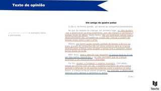 Texto de opinião
Um amigo de quatro patas
O cão é, na minha opinião, um animal de companhia extraordinário.
No que diz respeito às crianças, em primeiro lugar, os cães ajudam-
-nas a desenvolver-se emocionalmente, pois são meigos e carinhosos e
gostam muito de afetos. Desta forma, são um contributo valioso para o
desenvolvimento das competências sociais das crianças e podem até
ensinar muito sobre o que é amar.
Depois, por terem quase sempre vontade de brincar e de ir à rua,
estes animais de companhia são um ótimo pretexto para as crianças
diversificarem a forma como ocupam o tempo livre e passarem menos
tempo diante de ecrãs.
Além disso, dada a atenção que requerem (é preciso levá-los à rua,
dar-lhes banho, escová-los…), os cães permitem que as crianças
aprendam a ser responsáveis e dedicadas.
Por fim, ajudam a fortalecer o sistema imunitário. Com efeito,
graças ao convívio com um cão, o sistema imunitário de uma criança
aprende a defender-se de agentes externos como a poeira e os pelos.
Assim, a criança torna-se menos propensa, por exemplo, a desenvolver
doenças como alergias a alimentos ou asma.
(Cont.)
Argumentos (razões) e exemplos claros
e pertinentes
 