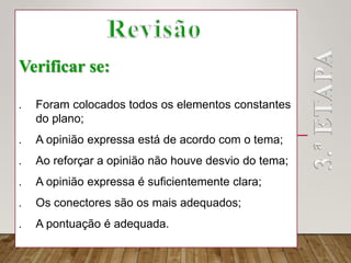 Verificar se:
 Foram colocados todos os elementos constantes
do plano;
 A opinião expressa está de acordo com o tema;
 Ao reforçar a opinião não houve desvio do tema;
 A opinião expressa é suficientemente clara;
 Os conectores são os mais adequados;
 A pontuação é adequada.
 