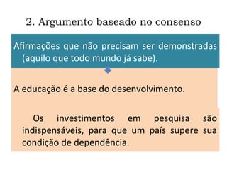 2. Argumento baseado no consenso
A educação é a base do desenvolvimento.
Os investimentos em pesquisa são
indispensáveis, para que um país supere sua
condição de dependência.
Afirmações que não precisam ser demonstradas
(aquilo que todo mundo já sabe).
 