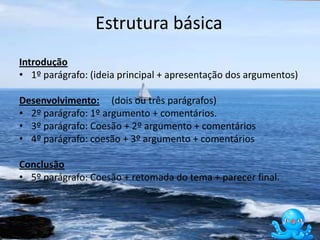 Estrutura básica
Introdução
• 1º parágrafo: (ideia principal + apresentação dos argumentos)

Desenvolvimento: (dois ou três parágrafos)
• 2º parágrafo: 1º argumento + comentários.
• 3º parágrafo: Coesão + 2º argumento + comentários
• 4º parágrafo: coesão + 3º argumento + comentários

Conclusão
• 5º parágrafo: Coesão + retomada do tema + parecer final.
 