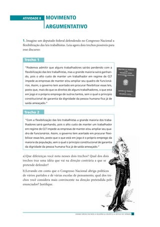 ATIVIDADE 8 MOVIMENTO
ARGUMENTATIVO
1. Imagine um deputado federal defendendo no Congresso Nacional a
ﬂexibilização das leis trabalhistas. Leia agora dois trechos possíveis para
esse discurso:
Trecho 1
“Podemos admitir que alguns trabalhadores sairão perdendo com a
ﬂexibilização das leis trabalhistas, mas a grande maioria sairá ganhan-
do, pois o alto custo de manter um trabalhador em regime de CLT
impede as empresas de manter e/ou ampliar seu quadro de funcioná-
rios. Assim, o governo tem acertado em procurar ﬂexibilizar essas leis,
posto que, mais do que os direitos de alguns trabalhadores, o que está
em jogo é o próprio emprego de outros tantos, sem o qual o princípio
constitucional de garantia da dignidade da pessoa humana ﬁca já de
saída ameaçado.”
Trecho 2
“Com a ﬂexibilização das leis trabalhistas a grande maioria dos traba-
lhadores sairá ganhando, pois o alto custo de manter um trabalhador
em regime de CLT impede as empresas de manter e/ou ampliar seu qua-
dro de funcionários. Assim, o governo tem acertado em procurar ﬂexi-
bilizar essas leis, posto que o que está em jogo é o próprio emprego da
maioria da população, sem o qual o princípio constitucional de garantia
da dignidade da pessoa humana ﬁca já de saída ameaçado.”
a)Que diferenças você nota nesses dois trechos? Qual dos dois
trechos traz uma idéia que vai na direção contrária a que se
pretende defender?
b)Levando em conta que o Congresso Nacional abriga políticos
de vários partidos e de várias escolas de pensamento, qual dos tre-
chos você considera mais convincente na direção pretendida pelo
enunciador? Justiﬁque.
ENSINO MÉDIO EM REDE • SEQÜÊNCIA DIDÁTICA • ARTIGO DE OPINIÃO 39
 