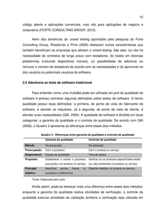 15
código aberto e aplicações comerciais, mas não para aplicações de negócio e
corporativa (FORTE CONSULTING GROUP, 2012).
Além dos benefícios do crowd testing apontados pela pesquisa do Forte
Consulting Group, Roodenrijs e Prins (2009) destacam outras características que
também beneficiam as empresas que adotam o crowd testing. São elas: (a) não há
necessidade de contratos de longo prazo com testadores, (b) testes em diversas
plataformas (incluindo dispositivos móveis), (c) possibilidade de adicionar ou
remover o número de testadores de acordo com as necessidades e (d) aproximar-se
dos usuários ou potenciais usuários do software.
2.5 Aderência ao teste de software tradicional
Para entender como uma multidão pode ser utilizada em prol da qualidade de
software é preciso conhecer algumas definições sobre testes de software. O termo
qualidade possui duas definições: a primeira, do ponto de vista do fabricante de
software, é atender os requisitos. Já a segunda, do ponto de vista do cliente, é
atender suas necessidades (QAI, 2006). A qualidade de software é dividida em duas
categorias: a garantia da qualidade e o controle da qualidade. De acordo com QAI
(2006), o Quadro 3 apresenta as diferenças entre esses dois métodos.
Quadro 3 - Diferenças entre garantia da qualidade e controle da qualidade
Garantia da qualidade Controle da qualidade
Método De prevenção De detecção
Preocupação Com o processo Com o produto ou serviço
Responsável Equipe da qualidade Time de testes
Propósito Estabelecer e avaliar o processo
que produz um produto ou serviço
Verificar se os atributos especificados estão
(ou não) presentes no produto ou serviço
Principal
objetivo
Identificar pontos fracos no
processo e melhorá-los
Detectar defeitos no produto ou serviço
Fonte: Elaborado pelo autor
Ainda assim, pode-se destacar mais uma diferença entre esses dois métodos:
enquanto a garantia da qualidade realiza atividades de verificação, o controle da
qualidade executa atividades de validação (embora a verificação seja utilizada em
 