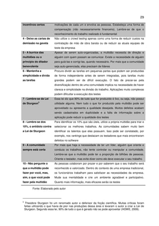 29
incentivos certos motivações de cada um e envolva as pessoas. Estabeleça uma forma de
compensação (não necessariamente financeira). Lembre-se de que o
reconhecimento do trabalho realizado é fundamental
4 - Deixe as cartas de
demissão na gaveta
Não utilize o crowd testing apenas como uma forma de reduzir custos na
contratação de mão de obra barata ou de reduzir as atuais equipes de
teste da empresa
5 - A burrice das
multidões ou o
princípio do ditador
benevolente
Apesar de serem auto-organizadas, a multidão necessita de direção e
alguém com quem possam se comunicar. Existe a necessidade de alguém
para guiá-las e corrigi-las, quando necessário. Por mais que a comunidade
seja auto-gerenciada, elas precisam de líderes
6 - Mantenha a
simplicidade e divida
as tarefas
Procure dividir as tarefas em pequenas partes que podem ser produzidas
de forma independente antes de serem integradas, pois tarefas muito
grandes podem ser de difícil execução. O fato de prezar-se pela
diversificação dentro de uma comunidade implica na necessidade de haver
clareza e simplicidade na divisão do trabalho. Aplicações muito complexas
podem dificultar a execução dos testes
7 - Lembre-se da Lei
de Sturgeon
5
Essa lei diz que 90% de tudo que for produzido é lixo, ou seja, não possui
utilidade alguma. Nem tudo o que for produzido pela multidão pode ser
aproveitado ou apresenta a qualidade desejada. Muitos defeitos acabam
sendo cadastrados em duplicidade e a falta de informação sobre a
aplicação pode reduzir a qualidade dos testes
8 - Lembre-se dos
10%, o antídoto contra
a Lei de Sturgeon
Para identificar os 10% que são úteis, utilize a própria multidão para triar e
selecionar os melhores trabalhos. As comunidades sabem muito bem
identificar os talentos que elas possuem. Isso pode ser constatado, por
exemplo, nos rankings que destacam os testadores que mais encontraram
defeitos no software
9 - A comunidade
sempre está certa
Por mais que haja a necessidade de ter um líder, alguém que oriente e
conduza os trabalhos, não tente controlar ou manipular a comunidade.
Lembre-se que a multidão pode ter a proporção de bilhões de pessoas.
Oriente o testador, mas evite dizer como ele deve executar o seu trabalho
10 - Não pergunte o
que a multidão pode
fazer por você, mas,
sim, o que você pode
fazer pela multidão
As pessoas colaboram por prazer e por saberem que o seu trabalho será
reconhecido e valorizado. Dentro do contexto de uma empresa tradicional,
os funcionários trabalham para satisfazer as necessidades da empresa.
Mude sua mentalidade e crie um ambiente agradável e participativo.
Quanto mais informação, mais eficazes serão os testes
Fonte: Elaborado pelo autor
5
Theodore Sturgeon foi um renomado autor e defensor da ficção científica. Muitas críticas foram
feitas utilizando o que havia de pior nas produções dessa área e levaram o autor a criar a Lei de
Sturgeon. Segundo essa lei, 90% de tudo o que é gerado não se pode aproveitar (HOWE, 2009).
 