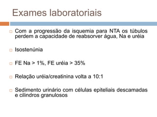 Exames laboratoriais
   Com a progressão da isquemia para NTA os túbulos
    perdem a capacidade de reabsorver água, Na e uréia

   Isostenúnia

   FE Na > 1%, FE uréia > 35%

   Relação uréia/creatinina volta a 10:1

   Sedimento urinário com células epiteliais descamadas
    e cilindros granulosos
 