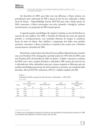 Texto para
Discussão
1 5 1 4
13
Dívida Líquida e Dívida Bruta: uma abordagem integrada para analisar a trajetória e o custo
do endividamento brasileiro
Até dezembro de 2009, para lidar com essa diferença, o Bacen adotava um
procedimento para valorização do PIB a preços de fim de ano, utilizando o Índice
Geral de Preços – Disponibilidade Interna (IGP-DI) para tanto. Desde janeiro de
2010, entretanto, o Bacen interrompeu esta série, passando a divulgá-la, inclusive
retroativamente, em proporção do PIB nominal apenas.
A segunda questão metodológica diz respeito à inclusão ou não da Petrobras no
conceito de setor público. Em 2009, a Petrobras foi liberada das metas de superávit
primário e, consequentemente, seus resultados deixaram de integrar as estatísticas
fiscais de maio em diante. Para viabilizar a comparação dos dados com períodos
anteriores, entretanto, o Bacen recalculou as estatísticas das estatais sem a Petrobras
retroativamente a dezembro de 2001.
Dessa forma, existem duas séries fiscais do setor público disponíveis para consulta:
uma com Petrobras (CP), abrangendo o período janeiro de 1991-abril de 2009; outra
sem Petrobras (SP), de dezembro de 2001 em diante.3
A tabela 1 apresenta a evolução
da DLSP com e sem a empresa Petrobras e utilizando o PIB a preços do meio do ano
e valorizado por vários indexadores para que se possa comparar as diferenças que tais
escolhas metodológicas provocam nas séries temporais e, portanto, nas conclusões delas
derivadas. Além do IGP-DI, utilizamos o IPCA e o deflator implícito do PIB.
TABELA 1
Evolução da DLSP a preços do meio do ano e valorizados – 1991-2010
(Em % do PIB)
Período
DLSP
nominal a preços do meio
do ano
DLSP
valorizado pelo IGP-DI
DLSP
valorizado pelo IPCA
DLSP
valorizado pelo deflator
implícito1
CP SP CP SP CP SP CP SP
1991 93,01 – 38,09 – 38,57 – 28,46 –
1992 105,83 – 37,04 – 37,23 – 23,09 –
1993 125,66 – 32,81 – 33,40 – 25,91 –
1994 43,86 – 28,48 – 29,41 – 31,53 –
(Continua)
3. O Bacen iniciou a divulgação das estatísticas da dívida por meio dos boletins de finanças públicas impressos em 1980,
mas atualmente estão disponíveis na internet os dados a partir de 1991.
 