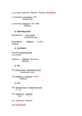 Lucro liquida: 48000,00 – 8000,00 – 4000,00 = R$ 36000,00
Lucratividade: Lucro liquida x 100
Receita Total
Lucratividade: 36000,00 x 100 = 75%
48000,00
4) RENTABILIDADE
Rentabilidade: Lucro Liquido
Investimento total
Rentabilidade : : 36000,00 = 51,43%
70000,00
5) PLAYBACK
Playback:Investimento total
Lucro liquido
Playback: 70000,00=1,94 meses
36000,00
6) TIR
TIR: Renda Anual – Investimento Inicial
Investimento inicial
TIR: 576000,00 – 70000,00 = 7,23 %
70000,00
7) VPL
VPL: Receita Anual – Investimento inicial
(1 + %) 1
VPL: 576000,00 – 70000,00
1,53 1
VPL: 376470,58 – 70000,00
VPL:R$ 306470,58
 