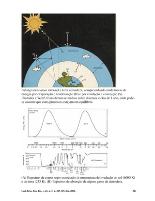 Balanço radioativo terra-sol e terra atmosfera, compreendendo ainda trocas de
energia por evaporação e condensação (H) e por condução e convecção (S).
Unidades e W/m². Consideram-se médias sobre diversos ciclos de 1 ano, onde pode-
se assumir que estes processos estejam em equilíbrio.




(A)-Espectros de corpo negro associados à temperatura de irradação do sol (6000 K)
e da terra (255 K). (B)-Espectros de absorção de alguns gases da atmosfera.

Cad. Bras. Ens. Fís., v. 21, n. 3: p. 325-349, dez. 2004.                       321
 