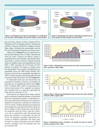 FONTE: FAO (2009)
                                                                   FONTE: FAO (2009)
 Figura 3: Participação dos maiores exportadores no montante to-                       Figura 4: Participação dos maiores exportadores líquidos de car-
 tal, em US$, comercializado de carne de cavalo, no ano de 2007                        ne de cavalo em nível mundial, no ano de 2007


pão (10,25%); França (5,36%); Vietnã (0,76%);
Finlândia (0,72%); Espanha (0,42%); Hong Kong
(0,38%) e África do Sul (0,24%). Bélgica, França,
Itália, Japão e Holanda têm concentrando mais de
95% das exportações brasileiras nos últimos anos.
    Observa-se na Figura 5 que até a primeira me-
tade da atual década, tanto o volume exportado de
carne de cavalo, expresso em dólares, quanto à
quantidade física (em toneladas), apresentaram forte
crescimento, o que fez com que o número anual de




                                                                                                                                                          FONTE: ALICEWEB (2009)
abates de eqüídeos quase que quadruplicasse entre
2002 e 2005, passando de 56.330 para 211.067              Figura 5: Brasil - Exportações anuais de carne de cavalo, volume financeiro e
animais no período. No entanto, os últimos anos           físico, período de 1989 a 2009.
têm apresentado fortes quedas, principalmente na
quantidade física (em 2008 foram abatidos 54%
animais a menos do que a quantidade registrada em
2005). O abate mensal no principal estado (Paraná)
vem decrescendo desde início de 2004 (Figura 6).
    É interessante notar que este decréscimo nas
exportações brasileiras ocorreu na contramão do
mercado, que se expandiu nos últimos anos (Figu-
ra 7). No triênio 2005 a 2007, as exportações bra-
sileiras decresceram 6,4%, enquanto as exporta-


                                                                                                                                                          FONTE: ALICEWEB (2009)
ções mundiais (isto é, a soma das exportações de
todos países) cresceram 16,1%.
    Pelo exposto nas Figuras deste artigo, embora         Figura 6: Brasil - Origem das exportações anuais de carne de cavalo, período
                                                          de janeiro 2002 a agosto 2009
ainda evidenciado o papel de destaque exercido pelo
Brasil nas exportações mundiais, a importância re-
lativa das exportações brasileiras tem se reduzido, a
despeito do incremento verificado no comércio no
resto do mundo. Também desperta preocupação da
concentração das exportações brasileiras, destacan-
do-se a Bélgica. Cabe ressaltar que cerca de 50 pa-
íses importam carne de cavalo a cada ano. Obser-
va-se que as exportações estão direcionadas para
países que realizam a re-exportação da carne de
cavalo. Os principais mercados importadores de-
veriam ser melhores explorados. Há espaço para
                                                                                                                                                          Fonte: FAO (2009)




elevação do volume exportado e para que o Brasil          Figura 7: Exportações anuais, do Brasil e do mundo, de carne de cavalo,
retorne a caminhar a favor do mercado, não mais           período de janeiro 1961 a 2007
na contramão.
 
