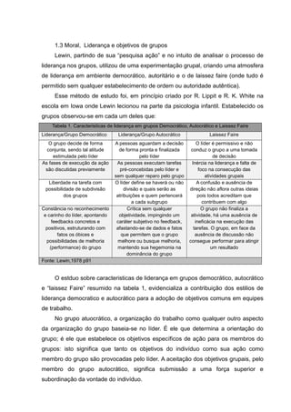 1.3 Moral, Liderança e objetivos de grupos
Lewin, partindo de sua “pesquisa ação” e no intuito de analisar o processo de
liderança nos grupos, utilizou de uma experimentação grupal, criando uma atmosfera
de liderança em ambiente democrático, autoritário e o de laissez faire (onde tudo é
permitido sem qualquer estabelecimento de ordem ou autoridade autêntica).
Esse método de estudo foi, em princípio criado por R. Lippit e R. K. White na
escola em Iowa onde Lewin lecionou na parte da psicologia infantil. Estabelecido os
grupos observou-se em cada um deles que:
Tabela 1. Caracteristicas de liderança em grupos Democrático, Autocrático e Laissez Faire
Liderança/Grupo Democrático Liderança/Grupo Autocrático Laissez Faire
O grupo decide de forma
conjunta, sendo tal atitude
estimulada pelo líder
A pessoas aguardam a decisão
de forma pronta e finalizada
pelo líder
O líder é permissivo e não
conduz o grupo a uma tomada
de decisão
As fases de execução da ação
são discutidas previamente
As pessoas executam tarefas
pré-concebidas pelo líder e
sem qualquer reparo pelo grupo
Inércia na liderança e falta de
foco na consecução das
atividades grupais
Liberdade na tarefa com
possibilidade de subdivisão
dos grupos
O líder define se haverá ou não
divisão e quais serão as
atribuições e quem pertencerá
a cada subgrupo
A confusão e ausência de
direção não aflora outras ideias
pois todos acreditam que
contribuem com algo
Constância no reconhecimento
e carinho do líder, apontando
feedbacks concretos e
positivos, estruturando com
fatos os óbices e
possibilidades de melhoria
(performance) do grupo
Crítica sem qualquer
objetividade, impingindo um
caráter subjetivo no feedback,
afastando-se de dados e fatos
que permitem que o grupo
melhore ou busque melhoria,
mantendo sua hegemonia na
dominância do grupo
O grupo não finaliza a
atividade, há uma ausência de
ineficácia na execução das
tarefas. O grupo, em face da
ausência de discussão não
consegue performar para atingir
um resultado
Fonte: Lewin,1978 p91
O estduo sobre caracteristicas de liderança em grupos democrático, autocrático
e “laissez Faire” resumido na tabela 1, evidencializa a contribuição dos estilios de
liderança democratico e autocrático para a adoção de objetivos comuns em equipes
de trabalho.
No grupo atuocrático, a organização do trabalho como qualquer outro aspecto
da organização do grupo baseia-se no líder. É ele que determina a orientação do
grupo; é ele que estabelece os objetivos específicos de ação para os membros do
grupos: isto significa que tanto os objetivos do indivíduo como sua ação como
membro do grupo são provocadas pelo líder. A aceitação dos objetivos grupais, pelo
membro do grupo autocrático, significa submissão a uma força superior e
subordinação da vontade do indivíduo.
 