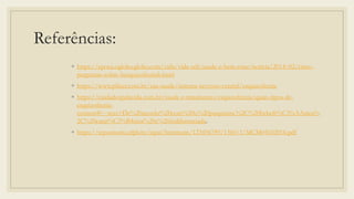 Referências:
◦ https://epoca.oglobo.globo.com/vida/vida-util/saude-e-bem-estar/noticia/2014/02/cinco-
perguntas-sobre-besquizofreniab.html
◦ https://www.pfizer.com.br/sua-saude/sistema-nervoso-central/esquizofrenia
◦ https://cuidadospelavida.com.br/saude-e-tratamento/esquizofrenia/quais-tipos-de-
esquizofrenia-
existem#:~:text=De%20acordo%20com%20o%20psiquiatra,%2C%20hebefr%C3%AAnica%
2C%20catat%C3%B4nica%20e%20indiferenciada.
◦ https://repositorio.ufpb.br/jspui/bitstream/123456789/1360/1/MCM04102016.pdf
 
