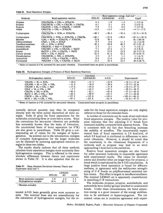 4799
Table II. Bond Separation Energies
Molecule
p-Bond separation energy, kcal mol-'
Bond separation reaction STO-3G LEMAO-6G 4-31G Exptl"
Propane
Propene
Propyne
Allene
~~
CHaCHzCHs +CH4 -C 2CHaCHa 0.2 1.8 1.o 1.5 (2.4)
CHaCHCHz +CH4 + CHsCHs +CHaCHr 4.1 5.1 4.0 5.0(5.5)
CHaCCH +CHI + CHaCHa +CHCH 7.8 7.3 8.0 7.2 (7.8)
CHzCCHz +CH4 -* 2CHzCHz -0.6 -2.5 -4.6 -4.1 (-2.7)
Cyclopropane
Cyclopropene
Benzene
Difluoromethane
Tetrafluoromethane
Dimethyl ether
Acetaldehyde
Ketene
Carbon dioxide
Dimethylamine
Acetonitrile
Formamide
CHZCHZCHZ+ 3CH4 -C 3CHaCHs
r-
C H Z C H ~ H+ 3CH4 + 2CHaCH~+CHZCH~
CsHs + 6CH4 + 3CHaCHa + 3CHzCHt
CHzFz +CH4 + 2CHaF
CF4 +3CH4 + 4CHaF
CHaOCHs +HzO + 2CHaOH
CHaCHO +CH4 + CHaCHa +HzCO
HzCCO +CH4 + CHzCHz +HiCO
OCO +CH4 -* 2HaCO
CHaNHCHa +NH3 + 2CHsNHz
CHaCN +CH4 -* CHaCHa +HCN
NHzCHO +CH4 + CHaNHz +HzCO
-48.3
-66.1
72.0
9.7
45.2
2.3
7.1
15.6
52.5
2.5
9.8
12.5
-26.2
-53.8
78.5
6.6
19.9
2.1
15.4
15.9
61.4
0.7
13.0
36.4
-30.4
-58.0
11.3
40.5
3.3
11.3
12.8
52.2
1.1
12.0
32.4
-23.5 (-18.5)
-45.2 (-39.3)
61.1 (65.8)
12.1 (12.8)
47.5 (51.2)
5.3 (6.1)
8.5 (9.5)
16.5 (17.3)
57.9 (55.7)
3.1 (4.7)
8.9 (9.3)
29.8 (28.7)
5 Heats of reaction at 0°K corrected for zero-point vibration. Uncorrected heats are given in parentheses.
Table III. Hydrogenation Energies of Products of Bond Separation Reactions
Calculated
Hydrogenation reaction STO-3G LEMAO-6G 4-31G Experimental5
CHsCH3 +Hz -C 2CH4
CHaNHz +Hz -C CH4 +NHa
CHaOH +HI + CHI +HzO
CHaF +Hz -C CH4 +H F
CHzCHz +2H2 + 2CH4
HaCO +2H2 + CHa +Hz0
CHCH + 3Hz + 2CH4
HCN + 3Hz -C CH4 +NHs
-19.0
-21.0
-17.4
-7.7
-92.5
-64.2
-157.5
-97.5
-31.5
-38.8
-45.0
-45.5
-82.1
-99.9
-127.0
-107.8
-22.9
-29.0
-31.9
-27.2
-65.4
-63.5
-118.0
-81.9
-18.1 (-15.4)
-25.7 (-23.4)
-30.3 (-27.7)
-29.5 (-26.7)
-57.2 (-46.5)
-57.3 (-46.0)
-105.4 (-86.3)
-76.8 (-57.7)
Heats of reaction at 0°K corrected for zero-point vibration. Uncorrected heats are given in parentheses.
mentally derived quantity may then be compared
directly with the three purely theoretical ab initio en-
ergies. Table I1 gives the bond separations for the
molecules containing three or more heavy atoms. Since
the corrections for zero-point vibration are probably
less accurately known than the heats of formation,
the uncorrected heats of bond separation (at 0°K)
are also given in parentheses. Table I11 gives a cor-
responding set of values for the energies of hydro-
genation. As pointed out in the introduction, energies
of complete hydrogenation for the larger molecules
can be obtained by summing appropriate reaction en-
ergies in these two tables.
The results clearly indicate that all three methods
calculate bond separation energies more accurately than
hydrogenation energies. This is reflected in the mean
absolute differences between theory and experiment
shown in Table IV. It is also apparent that the ex-
Table IV. Mean Absolute Deviations between Theory and
Experiment (kcal mol-')
LEMAO-
STO-3G 6G 4-31G
Bond separation energies5 5.8 4.9 3.5
Hydrogenation energies 19.4 22.2 5 . 5
0 Benzene excluded.
tended 4-31G basis generally gives more accurate re-
sults. The minimal basis sets are unsatisfactory for
the calculation of hydrogenation energies, but the re-
sults for the bond separation energies are only slightly
inferior to those for the extended basis.
A number of comments can be made about individual
bond separation energies. The positive value for pro-
pane indicates that two adjoining C-C bonds have
increased stability compared with separate bonds. This
is consistent with the fact that branching increases
the stability of paraffins. The (uncorrected) experi-
mental heat of bond separation is 2.4 kcal/mol, of
which 0.9 kcal/mol is attributed to differences in zero-
point vibrations. However, it should be noted that
the uncertainty in the vibrational frequencies of a
molecule such as propane may lead to an error
approaching 1kcal/mol in the correction.
Positive bond separation energies are also found
for other saturated molecules in reasonable agreement
with experimental results. The values for dimethyl-
amine and dimethyl ether are larger than for propane, a
trend which is reproduced by the 4-31Gcalculations. A
large positive bond separation is found for difluoro-
methane, in agreement with the well-known strength-
ening of C-F bonds on polyfluorinated saturated car-
bon atoms. The effect is largest in tetrafluoromethane.
The minimal LEMAO set is apparently unsatisfactory
in describing C-F interactions.
The molecules propene, propyne, acetaldehyde, and
acetonitrile have methyl groups attached to unsaturated
bonds. Under these circumstances, the bond separa-
tion energy is a good measure of the energy stabiliza-
tion to be attributed to hyperconjugation. The cal-
culated values are in moderate agreement with experi-
Hehre, Ditchfield, Radom, Pople / Electronic Structure of Organic Compounds
 