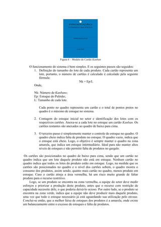 Figura 6 – Modelo do Cartão Kanban

    O funcionamento do sistema é bem simples. E os seguintes passos são seguidos:
       1. Definição do tamanho do lote de cada produto. Cada cartão representa um
           lote, portanto, o número de cartões é calculado é calculado pela seguinte
           fórmula:
                                        Nk = Ep/L
       Onde,

        Nk: Número de Kanbans;
        Ep: Estoque do Pulmão;
        L: Tamanho de cada lote.

            Cada ponto no quadro representa um cartão e o total de pontos pretos no
            quadro é o máximo de estoque no sistema.

        2. Contagem do estoque inicial no setor e identificação dos lotes com os
           respectivos cartões. Anexa-se a cada lote no estoque um cartão Kanban. Os
           cartões restantes são anexados ao quadro de baixo para cima.

        3. O terceiro passo é simplesmente manter o controle do estoque no quadro. O
           quadro cheio indica falta de produto no estoque. O quadro vazio, indica que
           o estoque está cheio. Logo, o objetivo é sempre manter o quadro na zona
           amarela, que indica um estoque intermediário. Ideal para não manter altos
           níveis de estoques e não permitir falta de produtos no gargalo.

 Os cartões são posicionados no quadro de baixo para cima, sendo que um cartão no
quadro indica que um lote daquele produto não está em estoque. Nenhum cartão no
quadro indica que todos os lotes do produto estão em estoque. Logo, na medida que os
cartões são posicionados no quadro e o nível dos cartões sobem, o quadro mostra o
consumo dos produtos, assim sendo, quanto mais cartão no quadro, menos produto em
estoque. Caso o cartão atinja a área vermelha, há um risco muito grande de faltar
produto para o recurso restritivo.
     Logo, se um produto se encontra na zona vermelha, a equipe do setor deve medir
esforços e priorizar a produção deste produto, antes que o recurso com restrição de
capacidade necessite dele, o que poderia deixá-lo ocioso. Por outro lado, se o produto se
encontra na zona verde, indica que a equipe não deve produzir mais daquele produto,
uma vez que todo o estoque necessário já está aguardando sua utilização pelo envase.
Conclui-se então, que a melhor faixa de estoques dos produtos é a amarela, onde existe
um balanceamento entre o excesso de estoques e falta de produtos.
 