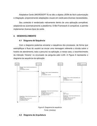 Adaptative Cards (MICROSOFT 8) se dão a objetos JSON de fácil customização
e integração, proporcionando adaptações visuais em cards para diversas necessidades.
Seu conteúdo é renderizado nativamente dentro de uma aplicação compátivel,
adaptando-se automaticamente a plataforma. O Bot Framework é compatível, e permite
implementar diversos tipos de cards.
4. DESENVOLVIMENTO
4.1 Diagrama de Sequência
Com o diagrama podemos amostrar a sequência dos processos, de forma que
exemplifique o fluxo do usuário ao enviar uma mensagem referente a dúvida sobre o
horário de atendimento, todo o percurso na aplicação, e nesse caso, o reconhecimento
da intenção ‘Horario’ no enunciado da pergunta pelo LUIS. A Figura 8 representa o
diagrama de sequência da aplicação:
Figura 8. Diagrama de sequência
Fonte: (Autores)
4.2 Diagrama de Arquitetura
 