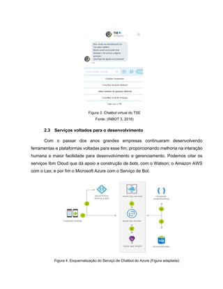 Figura 3. Chatbot virtual do TSE
Fonte: (INBOT 3, 2018)
2.3 Serviços voltados para o desenvolvimento
Com o passar dos anos grandes empresas continuaram desenvolvendo
ferramentas e plataformas voltadas para esse fim, proporcionando melhoria na interação
humana e maior facilidade para desenvolvimento e gerenciamento. Podemos citar os
serviços Ibm Cloud que dá apoio a construção de bots, com o Watson; o Amazon AWS
com o Lex; e por fim o Microsoft Azure com o Serviço de Bot.
Figura 4. Esquematização do Serviço de Chatbot do Azure (Figura adaptada)
 