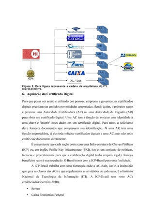 Figura 2. Esta figura representa a cadeia da arquitetura do ITI
representativa.

6. Aquisição do Certificado Digital

Para que possa ser aceito e utilizado por pessoas, empresas e governos, os certificados
digitais precisam ser emitidos por entidades apropriadas. Sendo assim, o primeiro passo
é procurar uma Autoridade Certificadora (AC) ou uma Autoridade de Registro (AR)
para obter um certificado digital. Uma AC tem a função de associar uma identidade a
uma chave e "inserir" esses dados em um certificado digital. Para tanto, o solicitante
deve fornecer documentos que comprovem sua identificação. Já uma AR tem uma
função intermediária, já ela pode solicitar certificados digitais a uma AC, mas não pode
emitir esse documento diretamente.
       É conveniente que cada nação conte com uma Infra-estrutura de Chaves Públicas
(ICP) ou, em inglês, Public Key Infrastructure (PKI), isto é, um conjunto de políticas,
técnicas e procedimentos para que a certificação digital tenha amparo legal e forneça
benefícios reais à sua população. O Brasil conta com a ICP-Brasil para essa finalidade.
       A ICP-Brasil trabalha com uma hierarquia onde a AC-Raiz, isto é, a instituição
que gera as chaves das ACs e que regulamenta as atividades de cada uma, é o Instituto
Nacional de Tecnologia da Informação (ITI). A ICP-Brasil tem nove ACs
credenciadas(fevereiro 2010):

   •   Serpro
   •   Caixa Econômica Federal
 