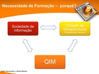 Necessidade de Formação – porquê?



                Sociedade de                     Criação de
                 informação                    Infraestruturas
                                               (Requalificação escolas)




                                         QIM
Teresa Vasconcelos; J. António Moreira
 
