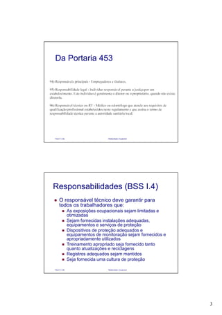 3
Paulo R. Cota Radioproteção Ocupacional
Da Portaria 453
Paulo R. Cota Radioproteção Ocupacional
Responsabilidades (BSS I.4)
O responsável técnico deve garantir para
todos os trabalhadores que:
As exposições ocupacionais sejam limitadas e
otimizadas
Sejam fornecidas instalações adequadas,
equipamentos e serviços de proteção
Dispositivos de proteção adequados e
equipamentos de monitoração sejam fornecidos e
apropriadamente utilizados
Treinamento apropriado seja fornecido tanto
quanto atualizações e reciclagens
Registros adequados sejam mantidos
Seja fornecida uma cultura de proteção
 