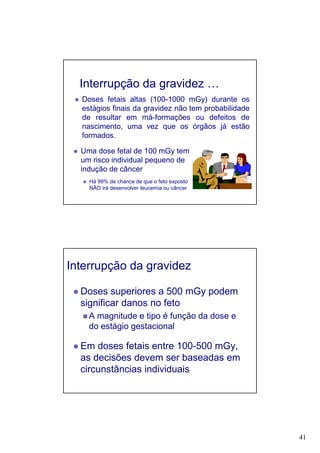 41
Interrupção da gravidez …
Doses fetais altas (100-1000 mGy) durante os
estágios finais da gravidez não tem probabilidade
de resultar em má-formações ou defeitos de
nascimento, uma vez que os órgãos já estão
formados.
Uma dose fetal de 100 mGy tem
um risco individual pequeno de
indução de câncer
Há 99% de chance de que o feto exposto
NÃO irá desenvolver leucemia ou câncer
Interrupção da gravidez
Doses superiores a 500 mGy podem
significar danos no feto
A magnitude e tipo é função da dose e
do estágio gestacional
Em doses fetais entre 100-500 mGy,
as decisões devem ser baseadas em
circunstâncias individuais
 