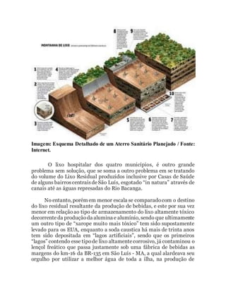 Imagem: Esquema Detalhado de um Aterro Sanitário Planejado / Fonte:
Internet.
O lixo hospitalar dos quatro municípios, é outro grande
problema sem solução, que se soma a outro problema em se tratando
do volume do Lixo Residual produzidos inclusive por Casas de Saúde
de alguns bairroscentraisdeSão Luís, esgotado “in natura” através de
canais até as águas represadas do Rio Bacanga.
No entanto, porém em menor escala se comparadocom o destino
do lixo residual resultante da produção de bebidas, e este por sua vez
menor em relaçãoao tipo de armazenamento do lixo altamente tóxico
decorrenteda produçãoda alumina e alumínio, sendo que ultimamente
um outro tipo de “xarope muito mais tóxico” tem sido supostamente
levado para os EUA, enquanto a soda caustica há mais de trinta anos
tem sido depositada em “lagos artificiais”, sendo que os primeiros
“lagos” contendo esse tipode lixo altamentecorrosivo, já contaminou o
lençol freático que passa justamente sob uma fábrica de bebidas as
margens do km-16 da BR-135 em São Luís - MA, a qual alardeava seu
orgulho por utilizar a melhor água de toda a ilha, na produção de
 