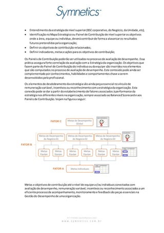  Entendimento da estratégia de nível superior (BSC corporativo, do Negócio, da Unidade, etc), 
 Identificação no Mapa Estratégico ou Painel de Contribuição de nível superior os objetivos 
onde a área, equipe ou indivíduo, deverá contribuir de forma a alavancar os resultados 
futuros pretendidos pela organização; 
 Definir os objetivos de contribuição relacionados; 
 Definir indicadores, metas e ações para os objetivos de contribuição; 
Os Painéis de Contribuição poderão ser utilizados no processo de avaliação de desempenho. Essa 
prática assegura forte correlação da avaliação com a Estratégia da organização. Os objetivos que 
fazem parte do Painel de Contribuição do indivíduo ou da equipe são inseridos nos elementos 
que são computados no processo de avaliação de desempenho. Este conteúdo pode ainda ser 
complementado por conhecimentos, habilidades e comportamentos chave a serem 
desenvolvidos pelo profissional. 
Os elementos de desdobramento da estratégia são ainda peça essencial no vínculo de 
remuneração variável, incentivos ou reconhecimento com a estratégia da organização. Esta 
conexão pode se dar a partir do estabelecimento de fatores associados à performance da 
estratégia nos diferentes níveis na organização, sempre associado ao Balanced Scorecard e aos 
Painéis de Contribuição. Vejam na figura a seguir: 
Metas e objetivos de contribuição até o nível de equipes e/ou indivíduos conectados com 
avaliação de desempenho, remuneração variável, incentivos ou reconhecimento associados a um 
eficiente processo de acompanhamento, monitoramento e feedback são peças essenciais na 
Gestão do Desempenho de uma organização. 
 