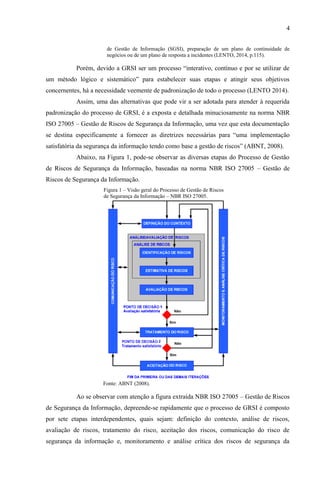 4
de Gestão de Informação (SGSI), preparação de um plano de continuidade de
negócios ou de um plano de resposta a incidentes (LENTO, 2014, p.115).
Porém, devido a GRSI ser um processo “interativo, contínuo e por se utilizar de
um método lógico e sistemático” para estabelecer suas etapas e atingir seus objetivos
concernentes, há a necessidade veemente de padronização de todo o processo (LENTO 2014).
Assim, uma das alternativas que pode vir a ser adotada para atender à requerida
padronização do processo de GRSI, é a exposta e detalhada minuciosamente na norma NBR
ISO 27005 – Gestão de Riscos de Segurança da Informação, uma vez que esta documentação
se destina especificamente a fornecer as diretrizes necessárias para “uma implementação
satisfatória da segurança da informação tendo como base a gestão de riscos” (ABNT, 2008).
Abaixo, na Figura 1, pode-se observar as diversas etapas do Processo de Gestão
de Riscos de Segurança da Informação, baseadas na norma NBR ISO 27005 – Gestão de
Riscos de Segurança da Informação.
Figura 1 – Visão geral do Processo de Gestão de Riscos
de Segurança da Informação – NBR ISO 27005.
Fonte: ABNT (2008).
Ao se observar com atenção a figura extraída NBR ISO 27005 – Gestão de Riscos
de Segurança da Informação, depreende-se rapidamente que o processo de GRSI é composto
por sete etapas interdependentes, quais sejam: definição do contexto, análise de riscos,
avaliação de riscos, tratamento do risco, aceitação dos riscos, comunicação do risco de
segurança da informação e, monitoramento e análise crítica dos riscos de segurança da
 