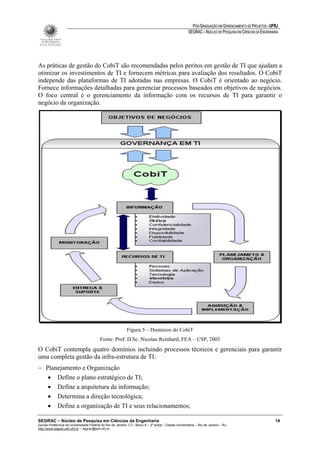 PÓS-GRADUAÇÃO EM GERENCIAMENTO DE PROJETOS - UFRJ
                                                                                                       SEGRAC – NÚCLEO DE PESQUISA EM CIÊNCIAS DA ENGENHARIA




As práticas de gestão do CobiT são recomendadas pelos peritos em gestão de TI que ajudam a
otimizar os investimentos de TI e fornecem métricas para avaliação dos resultados. O CobiT
independe das plataformas de TI adotadas nas empresas. O CobiT é orientado ao negócio.
Fornece informações detalhadas para gerenciar processos baseados em objetivos de negócios.
O foco central é o gerenciamento da informação com os recursos de TI para garantir o
negócio da organização.




                                                            Figura 5 – Domínios do CobiT
                                          Fonte: Prof. D.Sc. Nicolau Reinhard, FEA – USP, 2003
O CobiT contempla quatro domínios incluindo processos técnicos e gerenciais para garantir
uma completa gestão da infra-estrutura de TI:
− Planejamento e Organização
   • Define o plano estratégico de TI;
   • Define a arquitetura da informação;
   • Determina a direção tecnológica;
   • Define a organização de TI e seus relacionamentos;

SEGRAC – Núcleo de Pesquisa em Ciências da Engenharia                                                                                                     14
Escola Politécnica da Universidade Federal do Rio de Janeiro -CT– Bloco A – 2º andar - Cidade Universitária – Rio de Janeiro – RJ
http://www.segrac.poli.ufrj.br – segrac@poli.ufrj.br
 