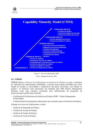 PÓS-GRADUAÇÃO EM GERENCIAMENTO DE PROJETOS - UFRJ
                                                                                                       SEGRAC – NÚCLEO DE PESQUISA EM CIÊNCIAS DA ENGENHARIA




                                                      Figura 9 – Níveis de Maturidade CMM
                                                           Fonte: Adaptado de Rocha, 2001
5.8. PMBOK
PMBOK denota o Universo de Conhecimento em Gerência de Projetos, ou seja, o somatório
da “aplicação de conhecimentos, habilidades, e técnicas para projetar atividades que visem
atingir ou exceder as necessidades e expectativas das partes envolvidas, com relação ao
projeto”. As diretrizes neste documento são mantidas pelo PMI (Project Management
Institute) como uma estrutura consistente para administração de programas de
desenvolvimento profissional incluindo:
− Certificação de Profissionais de Gerência de Projetos (PMP – Project Management
  Professional);
− Credenciamento dos programas educacionais que concedem grau em Gerência de Projetos.
Abrange nove áreas de conhecimento, a saber:
−    Gerência da Integração do Projeto;
−    Gerência do Escopo do Projeto;
−    Gerência do Tempo do Projeto;
−    Gerência do Custo do Projeto;


SEGRAC – Núcleo de Pesquisa em Ciências da Engenharia                                                                                                     22
Escola Politécnica da Universidade Federal do Rio de Janeiro -CT– Bloco A – 2º andar - Cidade Universitária – Rio de Janeiro – RJ
http://www.segrac.poli.ufrj.br – segrac@poli.ufrj.br
 