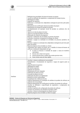 PÓS-GRADUAÇÃO EM GERENCIAMENTO DE PROJETOS - UFRJ
                                                                                                         SEGRAC – NÚCLEO DE PESQUISA EM CIÊNCIAS DA ENGENHARIA




                                                 Definição das prioridades de desenvolvimento no projeto
                                                 Auxílio na definição de arquitetura e componentes da solução técnica
                                                 Modelagem de dados
                                                 Inspeção de requisitos
                                                 Padronizar a construção dos subprodutos (entregáveis) previstos pelo plano
                                                 do projeto
                                                 Planejamento da certificação interna do produto do projeto
                                                 Planejamento da entrega do produto do projeto
                                                 Acompanhamento da operação inicial do produto no ambiente alvo do
                                                 cliente
                                                 Apoio na revisão de planos de testes
                                                 Apoio na execução de planos de testes
                                                 Elaboração de relatórios de progresso
                                                 Reportar o andamento das atividades ao gerente de projeto
                                                 Controlar e monitorar cronograma de entregas de release
                                                 Orientar a equipe na realização de atividades do processo produtivo do
                                                 projeto
                                                 Orientar a equipe na construção dos subprodutos (entregáveis) previstos pelo
                                                 plano do projeto
                                                 Reportar progresso das atividades ao cliente
                                                 Argumentar para equipe do projeto que o trabalho de desenvolvimento de
                                                 software é totalmente independente do ego:
                                                      • O êxito ou fracasso é resultado da equipe e, nunca de membros
                                                          individuais;
                                                      • Pessoas são a chave do sucesso;
                                                      • Poucas pessoas boas é melhor que muitas pessoas ruins;
                                                      • Fazer correto antes de fazer rápido.

                                                 Auxiliar o cliente na definição de necessidades
                                                 Entendimento e levantamento de requisitos e regras de negócio junto ao
                                                 cliente
                                                 Especificação de requisitos
                                                 Modelagem de dados
                                                 Revisão de requisitos
                                                 Inspeção de requisitos
                                                 Planejamento de teste integrado
                                                 Elaboração de planos de teste
                                                 Execução de planos de teste
                                                 Elaboração de planos de implantação
   Analistas
                                                 Relatórios de não conformidade
                                                 Compilação das evidências de teste
                                                 Elaborar planejamento de instalação de artefatos do produto de software em
                                                 ambiente alvo de produção
                                                 Elaborar planejamento de certificação de artefatos do produto de software
                                                 Auxiliar na definição e especificação de arquitetura e componentes da
                                                 solução técnica
                                                 Auxiliar na gerência de configuração do produto de software
                                                 Auxiliar nas estimativas de tamanho do produto (APF)
                                                 Auxiliar o cliente na homologação da solução técnica
                                                 Reportar progresso das atividades ao líder de equipe



SEGRAC – Núcleo de Pesquisa em Ciências da Engenharia                                                                                                    11
Escola Politécnica da Universidade Federal do Rio de Janeiro -CT– Bloco A – 2º andar - Cidade Universitária – Rio de Janeiro – RJ
http://www.segrac.poli.ufrj.br – segrac@poli.ufrj.br
 