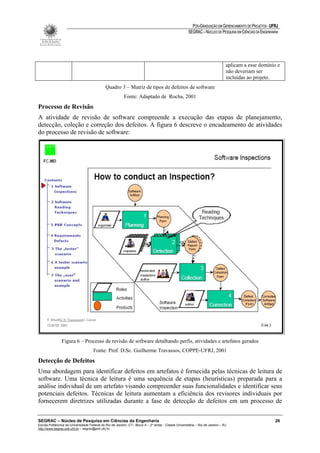 PÓS-GRADUAÇÃO EM GERENCIAMENTO DE PROJETOS - UFRJ
                                                                                                       SEGRAC – NÚCLEO DE PESQUISA EM CIÊNCIAS DA ENGENHARIA




                                                                                                                                aplicam a esse domínio e
                                                                                                                                não deveriam ser
                                                                                                                                incluídas ao projeto.
                                              Quadro 3 – Matriz de tipos de defeitos de software
                                                          Fonte: Adaptado de Rocha, 2001
Processo de Revisão
A atividade de revisão de software compreende a execução das etapas de planejamento,
detecção, coleção e correção dos defeitos. A figura 6 descreve o encadeamento de atividades
do processo de revisão de software:




                Figura 6 – Processo de revisão de software detalhando perfis, atividades e artefatos gerados
                                     Fonte: Prof. D.Sc. Guilherme Travassos, COPPE-UFRJ, 2001
Detecção de Defeitos
Uma abordagem para identificar defeitos em artefatos é fornecida pelas técnicas de leitura de
software. Uma técnica de leitura é uma sequência de etapas (heurísticas) preparada para a
análise individual de um artefato visando compreender suas funcionalidades e identificar seus
potenciais defeitos. Técnicas de leitura aumentam a eficiência dos revisores individuais por
fornecerem diretrizes utilizadas durante a fase de detecção de defeitos em um processo de

SEGRAC – Núcleo de Pesquisa em Ciências da Engenharia                                                                                                     26
Escola Politécnica da Universidade Federal do Rio de Janeiro -CT– Bloco A – 2º andar - Cidade Universitária – Rio de Janeiro – RJ
http://www.segrac.poli.ufrj.br – segrac@poli.ufrj.br
 