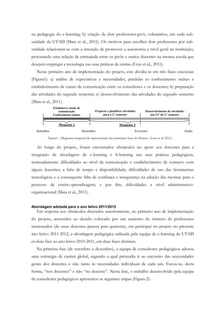na pedagogia do e-learning; b) criação de dois professores-pivô, voluntários, em cada sub-
unidade da UTAD (Maia et al., 2011). Os motivos para escolher dois professores por sub-
unidade relacionam-se com a intenção de promover a autonomia a nível geral na instituição,
procurando uma relação de entreajuda entre os pivôs e outros docentes na mesma escola que
desejem empregar a tecnologia nas suas práticas de ensino (Cruz et al., 2011).
   Nesse primeiro ano de implementação do projeto, este dividiu-se em três fases essenciais
(Figura1): a) análise de expectativas e necessidades, paralelas ao conhecimento mútuo e
estabelecimento de canais de comunicação entre os consultores e os docentes; b) preparação
das atividades do segundo semestre; c) desenvolvimento das atividades do segundo semestre
(Maia et al., 2011).
              Estabelecer canais de
                  comunicação                 Preparar e planificar atividades       Desenvolvimento de atividades
              Conhecimento mútuo                    para o 2.º semestre                 nas UC do 2.º semestre


                  Momento 1                                      Momento 2
   Setembro                           Dezembro                               Fevereiro                               Junho

          Figura1 – Diagrama temporal de representação das principais fases do Projeto. (Cruz et al, 2011)

   Ao longo do projeto, foram encontrados obstáculos no apoio aos docentes para a
integração de abordagens de e-learning e b-learning nas suas práticas pedagógicas,
nomeadamente: dificuldades ao nível da comunicação e estabelecimento de contacto com
alguns docentes; a falta de tempo e disponibilidade; dificuldades de uso das ferramentas
tecnológicas e a consequente falta de confiança e insegurança na adoção das mesmas para o
processo de ensino-aprendizagem; e por fim, dificuldades a nível administrativo-
organizacional (Maia et al., 2011).


Abordagem adotada para o ano letivo 2011/2012
   Em resposta aos obstáculos detetados anteriormente, no primeiro ano de implementação
do projeto, acrescidos ao desafio colocado por um aumento do número de professores
interessados (de onze docentes passou para quarenta), em participar no projeto no presente
ano letivo 2011-2012, a abordagem pedagógica utilizada pela equipa de e-learning da UTAD
evoluiu face ao ano letivo 2010-2011, em duas fases distintas.
   Na primeira fase (de setembro a dezembro), a equipa de consultores pedagógicos adotou
uma estratégia de caráter global, segundo a qual pretendia ir ao encontro das necessidades
gerais dos docentes e não tanto às necessidades individuais de cada um. Focou-se, desta
forma, “nos docentes” e não “no docente”. Nesta fase, o trabalho desenvolvido pela equipa
de consultores pedagógicos apresentou as seguintes etapas (Figura 2):
 