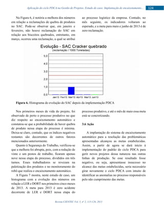 Revista CIENTEC Vol. 5, no
2, 115-126, 2013
124Aplicação do ciclo PDCA na Gestão de Projetos. Estudo de caso: Implantação de encaixotamento...
Na Figura 6, é notória a melhora dos números
em relação a reclamações de quebra de produtos
no SAC. Pode-se observar que, em janeiro e
fevereiro, não houve reclamação do SAC em
relação aos biscoitos quebrados, entretanto, em
março, ocorreu uma reclamação, a qual se atribui
ao processo logístico da empresa. Contudo, no
mês seguinte, os indicadores voltaram ao
esperado, e a meta para maio e junho de 2013 é de
zero reclamação.
Figura 6. Histograma de evolução do SAC depois da implementação PDCA
Nos primeiros meses de vida do projeto, foi
observado de perto o processo produtivo no que
diz respeito ao encaixotamento automático e
constatou-se que a probabilidade de haver quebra
de produto nessa etapa do processo é mínima.
Deixa-se claro, contudo, que os índices negativos
restantes são decorrentes de outros fatores
mencionados anteriormente.
Quanto à Segurança do Trabalho, verificou-se
que a melhora foi abrupta, pois, com a redução de
vinte e um postos de trabalho, ficaram apenas
nove nessa etapa do processo, divididos em três
turnos. Esses trabalhadores se revezam na
paletização dos produtos e no monitoramento do
robô que realiza o encaixotamento automático.
A Figura 7 mostra, neste estudo de caso, um
histograma com a evolução dos números em
relação a LER e DORT nos primeiros cinco meses
de 2013. A meta para 2013 é zero acidente
decorrente de LER e DORT nessa etapa do
processo produtivo, e até o mês de maio essa meta
está se concretizando.
3.6 Ação
A implantação do sistema de encaixotamento
automático para a resolução das problemáticas
apresentadas alcançou as metas estabelecidas.
Assim, a partir de agora se dará início à
implementação do padrão do ciclo PDCA para
gerir novos projetos dessa natureza nas outras
linhas de produção. Se esse resultado fosse
negativo, ou seja, apresentasse insucesso no
alcance das metas estabelecidas, seria necessário
girar novamente o ciclo PDCA com intuito de
identificar as anomalias no processo responsáveis
pelo não cumprimento das metas.
 