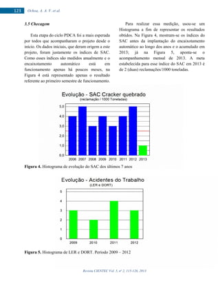 Revista CIENTEC Vol. 5, no
2, 115-126, 2013
123 Ochoa, A. A. V. et al.
3.5 Checagem
Esta etapa do ciclo PDCA foi a mais esperada
por todos que acompanharam o projeto desde o
início. Os dados iniciais, que deram origem a este
projeto, foram justamente os índices de SAC.
Como esses índices são medidos anualmente e o
encaixotamento automático está em
funcionamento apenas há poucos meses, na
Figura 4 está representado apenas o resultado
referente ao primeiro semestre de funcionamento.
Para realizar essa medição, usou-se um
Histograma a fim de representar os resultados
obtidos. Na Figura 4, mostram-se os índices do
SAC antes da implantação do encaixotamento
automático ao longo dos anos e o acumulado em
2013; já na Figura 5, aponta-se o
acompanhamento mensal de 2013. A meta
estabelecida para esse índice do SAC em 2013 é
de 2 (duas) reclamações/1000 toneladas.
Figura 4. Histograma de evolução do SAC dos últimos 7 anos
Figura 5. Histograma de LER e DORT. Período 2009 – 2012
 