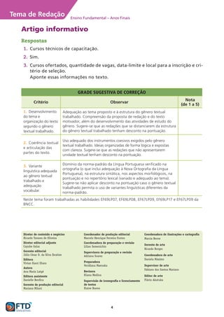 4
Tema de Redação Ensino Fundamental – Anos Finais
Diretor de conteúdo e negócios
Ricardo Tavares de Oliveira
Diretor editorial adjunto
Cayube Galas
Gerente editorial
Júlio César D. da Silva Ibrahim
Editora
Vivian Kaori Ehara
Autora
Ana Maria Latgé
Editora assistente
Danielle Benfica
Gerente de produção editorial
Mariana Milani
Coordenador de produção editorial
Marcelo Henrique Ferreira Fontes
Coordenadora de preparação e revisão
Lilian Semenichin
Supervisora de preparação e revisão
Adriana Soares
Preparadora
Veridiana Maenaka
Revisora
Eliana Medina
Supervisão de iconografia e licenciamento
de textos
Elaine Bueno
Coordenadora de ilustrações e cartografia
Marcia Berne
Gerente de arte
Ricardo Borges
Coordenadora de arte
Daniela Máximo
Supervisor de arte
Fabiano dos Santos Mariano
Editor de arte
Flávio Akatuka
Artigo informativo
Respostas
	1.	Cursos técnicos de capacitação.
	2.	Sim.
	3.	Cursos ofertados, quantidade de vagas, data-limite e local para a inscrição e cri-
tério de seleção.
		
Aponte essas informações no texto.
GRADE SUGESTIVA DE CORREÇÃO
Critério Observar
Nota
(de 1 a 5)
1.	 Desenvolvimento
do tema e
organização do texto
segundo o gênero
textual trabalhado.
Adequação ao tema proposto e à estrutura do gênero textual
trabalhado. Compreensão da proposta de redação e do texto
motivador, além do desenvolvimento das atividades de estudo do
gênero. Sugere-se que as redações que se distanciarem da estrutura
do gênero textual trabalhado tenham desconto na pontuação.
2.	 Coerência textual
e articulação das
partes do texto.
Uso adequado dos instrumentos coesivos exigidos pelo gênero
textual trabalhado. Ideias organizadas de forma lógica e expostas
com clareza. Sugere-se que as redações que não apresentarem
unidade textual tenham desconto na pontuação.
3.	 Variante
linguística adequada
ao gênero textual
trabalhado e
adequação
vocabular.
Domínio da norma-padrão da Língua Portuguesa verificado na
ortografia (o que inclui adequação à Nova Ortografia da Língua
Portuguesa), na estrutura sintática, nos aspectos morfológicos, na
pontuação e no repertório lexical (variado e adequado ao tema).
Sugere-se não aplicar desconto na pontuação caso o gênero textual
trabalhado permita o uso de variantes linguísticas diferentes da
norma-padrão.
Neste tema foram trabalhadas as habilidades EF69LP07, EF69LP08, EF67LP09, EF69LP17 e EF67LP09 da
BNCC.
 