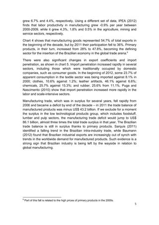grew 6.7% and 4.4%, respectively. Using a different set of data, IPEA (2012)
finds that labor productivity in manufacturing grew -0.9% per year between
2000-2009, while it grew 4.3%, 1.8% and 0.5% in the agriculture, mining and
service sectors, respectively.

Chart 4 shows that manufacturing goods represented 54.7% of total exports in
the beginning of the decade, but by 2011 their participation fell to 36%. Primary
products, in their turn, increased from 28% to 47.8%, becoming the defining
sector for the insertion of the Brazilian economy in the global trade arena.6

There were also significant changes in export coefficients and import
penetration, as shown in chart 5. Import penetration increased rapidly in several
sectors, including those which were traditionally occupied by domestic
companies, such as consumer goods. In the beginning of 2012, some 23.7% of
apparent consumption in the textile sector was being imported against 8.1% in
2000; clothes, 10.6% against 1.2%; leather artifacts, 46.1% against 6.6%;
chemicals, 25.7% against 15.3%; and rubber, 25.6% from 11.1%. Puga and
Nascimento (2010) show that import penetration increased more rapidly in the
labor and scale-intensive sectors.

Manufacturing trade, which was in surplus for several years, fell rapidly from
2006 and became a deficit by end of the decade – in 2011 the trade balance of
manufactured products was minus US$ 43.2 billion. If we exclude for a moment
the surplus in the low technological products group, which includes foodstuff,
lumber and pulp sectors, the manufacturing trade deficit would jump to US$
86.1 billion, almost three times the total trade surplus in that year. The Brazilian
trade balance is still in surplus thanks to primary products. Sarquis (2011)
identified a falling trend in the Brazilian intra-industry trade, while Baumann
(2012) found that Brazilian industrial exports are increasingly out of synch with
trends in the worldwide demand for manufactured products. Such evidence is a
strong sign that Brazilian industry is being left by the wayside in relation to
global manufacturing.




6
    Part of this fall is related to the high prices of primary products in the 2000s.
                                                                                        5
 