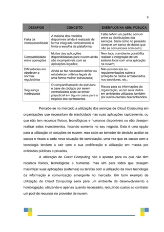 9
DESAFIOS CONCEITO EXEMPLOS NA ADM. PÚBLICA
Falta de
interoperabilidade
A maioria dos modelos
disponíveis ainda é realizada de
forma integrada verticalmente e
limita a escolha da plataforma;
Falta definir um padrão comum
entre as distribuições dos
serviços. Seria como no passado
comprar um banco de dados que
não se comunicava com outro;
Compatibilidade
entre operações
Muitas das aplicações
disponibilizadas para nuvem ainda
são incompatíveis com as
aplicações legadas;
Nem todo o ambiente possibilita
realizar a integração de um
sistema local com uma aplicação
na nuvem;
Dificuldades em
obedecer a
normas
regulatórias
Ainda se faz necessário definir ou
estabelecer critérios legais de
uma forma melhor estruturada;
Não existem leis ou
regulamentações sobre a
proteção de dados armazenados
nos servidores, etc.;
Segurança
inadequada
O compartilhamento de estrutura
e base de códigos por serem
centralizados pode se tornar
prejudicial em alguns casos para o
negócio dos contratantes.
Riscos para as informações da
organização, ao ter seus dados
em ambientes utilizados também
por outros clientes desconhecidos.
Percebe-se no mercado a utilização dos serviços de Cloud Computing em
organizações que necessitam de elasticidade nas suas aplicações rapidamente, ou
que não tem recursos físicos, tecnológicos e humanos disponíveis ou não desejam
realizar estes investimentos, focando somente no seu negócio. Esta é uma opção
para a utilização de soluções de nuvem, mas cabe ao tomador de decisão avaliar os
custos e riscos a cada nova situação de contratação, uma vez que os custos com a
tecnologia tendem a cair com a sua proliferação e utilização em massa por
entidades públicas e privadas.
A utilização de Cloud Computing não é apenas para os que não têm
recursos físicos, tecnológicos e humanos, mas sim para todos que desejam
maximizar suas aplicações (sistemas) ou tarefas com a utilização da nova tecnologia
da informação e comunicação emergente no mercado. Um bom exemplo de
utilização de Cloud Computing seria para um ambiente de desenvolvimento e
homologação, utilizando-o apenas quando necessário, reduzindo custos ao contratar
um pool de recursos no provedor de nuvem.
 
