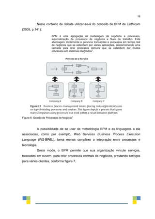 16
Neste contexto de debate utilizar-se-á do conceito de BPM de Linthicum
(2009, p.141):
BPM é uma agregação de modelagem de negócios e processos,
automatização de processos de negócios e fluxo de trabalho. Esta
abordagem implementa e gerencia transações e processos em tempo real
de negócios que se estendem por várias aplicações, proporcionando uma
camada para criar processos comuns que se estendem por muitos
processos em sistemas integrados
iv
.
Figura 6: Gestão de Processos de Negócio
v
A possibilidade de se usar da metodologia BPM e as linguagens a ela
associadas, como por exemplo, Web Services Business Process Execution
Language (WS-BPEL), torna menos complexo a integração entre processos e
tecnologia.
Deste modo, o BPM permite que sua organização vincule serviços,
baseados em nuvem, para criar processos centrais de negócios, prestando serviços
para vários clientes, conforme figura 7.
 