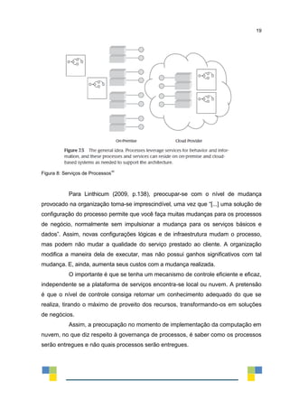 19
Figura 8: Serviços de Processos
vii
Para Linthicum (2009, p.138), preocupar-se com o nível de mudança
provocado na organização torna-se imprescindível, uma vez que “[...] uma solução de
configuração do processo permite que você faça muitas mudanças para os processos
de negócio, normalmente sem impulsionar a mudança para os serviços básicos e
dados”. Assim, novas configurações lógicas e de infraestrutura mudam o processo,
mas podem não mudar a qualidade do serviço prestado ao cliente. A organização
modifica a maneira dela de executar, mas não possui ganhos significativos com tal
mudança. E, ainda, aumenta seus custos com a mudança realizada.
O importante é que se tenha um mecanismo de controle eficiente e eficaz,
independente se a plataforma de serviços encontra-se local ou nuvem. A pretensão
é que o nível de controle consiga retornar um conhecimento adequado do que se
realiza, tirando o máximo de proveito dos recursos, transformando-os em soluções
de negócios.
Assim, a preocupação no momento de implementação da computação em
nuvem, no que diz respeito à governança de processos, é saber como os processos
serão entregues e não quais processos serão entregues.
 