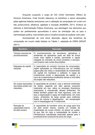8
Enquanto ocupando o cargo de CIO (Chief Information Officer) do
Governo Americano, Vivek Kundra relacionou os benefícios a serem alcançados
pelas agências federais americanas com a utilização da computação em nuvem em
três pontos-chave: eficiência, agilidade e inovação (KUNDRA, 2011). Embora se
referindo à Administração Pública Americana, sua abordagem traz elementos que
podem ser perfeitamente aproveitados e servir de orientação não só para a
administração pública, mas também para a iniciativa privada de qualquer outro país.
Acompanhado de uma breve descrição, alguns dos benefícios da
computação em nuvem estão listados na Tabela 1, adaptada de OPEN GROUP
(2011):
Benefício Descrição
Tempos menores de
provisionamento
O provisionamento de servidores, aplicativos e
ambientes de aplicativos pode ser feito de forma
muito mais rápida e barata, permitindo a rápida
chegada ao mercado de novos produtos e serviços,
com prazos mais curtos dos projetos.
Despesas de capital
reduzido
A capacidade de comprar recursos de computação,
sejam aplicações ou infra-estrutura em um modelo
pague-pelo-uso reduz a necessidade de investimento
de capital em hardware e software. A carga de
investimento inicial, a depreciação de capital, e o
risco de investimentos encalhados devido a uma falha
de projeto são reduzidos.
Os custos associados
aos testes podem ser
reduzidos
A capacidade de construir, usar e eliminar ambientes
de testes, pagando por eles apenas enquanto
realmente em uso, reduz os encargos financeiros
associados à manutenção desses ambientes. Os
testes também podem ser mais rigorosos, uma vez
que a organização é capaz de implementar, em curto
prazo, ambientes de larga escala para melhores
testes de volume e desempenho, em comparação
com a hospedagem de TI tradicional.
Redução da
capacidade interna
de data centers
A capacidade de transferir picos de carga para fora
do data center interno, usando um modelo de
implantação de nuvem híbrido, irá reduzir os custos,
já que não há mais a necessidade de manter a
infraestrutura subutilizada reservada apenas para o
processamento ocasional de picos de carga.
 