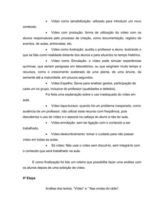 •   Vídeo como sensibilização: utilizado para introduzir um novo
conteúdo.
                 •   Vídeo com produção: forma de utilização do vídeo com os
alunos responsáveis pelo processo de criação, como documentação, registro de
eventos, de aulas, entrevistas, etc.
                 •   Vídeo como ilustração: auxilia o professor e aluno, ilustrando o
que se fala como realidade distante dos alunos e para situá-los no tempo histórico.
                 •   Vídeo como Simulação: o vídeo pode simular experiências
químicas, que seriam perigosas em laboratórios, ou que exigiriam muito tempo e
recursos, como o crescimento acelerado de uma planta, de uma árvore, da
semente até a maturidade, em poucos segundos.
                 •   Vídeo Espelho: Serve para analisar gestos, participação de
cada um no grupo, inclusive do professor (qualidades e defeitos).
                 Foi feita uma explanação sobre o uso inadequado do vídeo em
aula:
                 •   Vídeo tapa-buraco: quando há um problema inesperado, como
ausência de um professor, não utilizar esse recurso com freqüência, pois
desvaloriza o uso do vídeo e o associa na cabeça do aluno a não ter aula.
                 •   Vídeo-enrolação: sem ter ligação com o conteúdo a ser
trabalhado.
                 •   Vídeo-deslumbramento: tomar o cuidado para não passar
vídeo em todas as aulas.
                 •   Só vídeo: Não usar o vídeo sem discuti-lo, sem integrá-lo com
o conteúdo que será trabalhado na aula.


        E como finalização foi lido um roteiro que possibilita fazer uma análise com
os alunos depois de uma exibição de vídeo.


5ª Etapa


                 Análise dos textos: “Vídeo” e “ Nas ondas do rádio”.
 