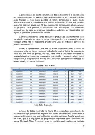 7
A periodicidade da coleta e cruzamento dos dados eram 45 e 60 dias após
um determinado mês, por exemplo: dos pedidos realizados em novembro, 45 dias
após finalizar o mês quais pedidos já foram cancelados e quais ainda
permanecem ativos e posteriormente a mesma análise com 60 dias, dos pedidos
que ainda estavam ativos com 45 dias quais ainda permaneciam ativos. A base
foi projetada para permitir a visibilidade das informações por diferentes
perspectivas, ou seja, os mesmos indicadores poderiam ser visualizados por
região, supervisor e promotores de vendas.
A empresa realizava a venda de diversos produtos do seu cliente mas esse
trabalho foi realizado em cima de um produto específico que era considerado o
principal, então não foi necessário projetar uma visão do indicador por tipo de
produto nesse relatório.
Abaixo é apresentada uma tela do Excel, mostrando como a base foi
estruturada entre os dados recebidos pelo cliente e pelos dados da empresa. A
base está em nível de pedido, ou seja, cada linha é um pedido diferente. É
possível visualizar o promotor responsável pelo pedido, o seu gestor direto que é
o supervisor, e a região que o mesmo atua. A título de confidencialidade todos os
nomes e códigos foram substituídos.
A base de dados mostrada na figura 01, é o resultado consolidado do
cruzamento e agrupamento de registros das bases enviadas pelo cliente com a
base do sistema empresa, foram utilizadas fórmulas nativas do Excel e algoritmos
em VBA, que é a linguagem de programação suportada pelos aplicativos do
pacote Microsoft Office. O primeiro envio do relatório aos tomadores de decisão
Fonte: Dados da pesquisa
Figura 01 – Base de dados
 