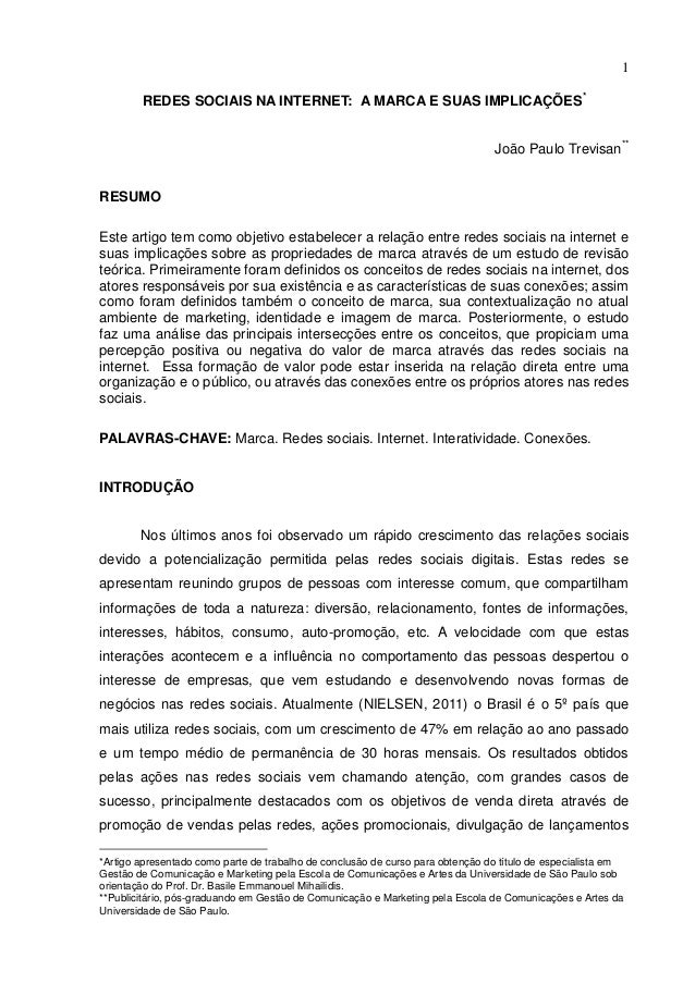 Artigo sobre redes sociais na internet
