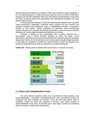 7



poder† utilizar para fidelizar sua clientela. O Mix, hoje, tamb‚m ‚ muito importante, e
em uma loja de pequeno e m‚dio porte deve variar em torno de 2.500 a 4.000 itens,
estando tudo isto bem planejado dentro de uma polˆtica de layoutizaƒ‡o. A loja deve
ser limpa, os setores devem ser organizadas e as mercadorias marcadas com seus
preƒos, peƒa por peƒa.
        O mix precisa ser din‰mico, o ponto de venda dever† trabalhar bem a quest‡o
“preƒo, promoƒ‡o e exposiƒ‡o”, buscando, assim, atender aos seus clientes, que
compram soluƒ„es para problemas. Hoje, a confiabilidade tamb‚m ‚ importante.
Confiar no “seu vizinho”, aceitar anotaƒ„es na caderneta, notas promiss…rias,
receber cheques sem consultas de clientes (conhecidos), continuam sendo maneiras
utilizadas em muitos supermercados para fidelizar seus clientes.
        Contudo, a higiene da loja, socializaƒ‡o com o pŽblico, parceria com a
comunidade, ouvir o cliente, contratar pessoas do bairro, ter preƒo e bom
atendimento, s‡o fatores que muito provavelmente n‡o deixar‡o a loja de vizinhanƒa
desaparecer dentro de um ambiente que vem sendo absorvido pelos hipermercados,
e isso pode ser percebido no gr†fico de dados formado a partir da pesquisa com
quarenta freq’entadores de lojas de vizinhanƒa na cidade de Mossor….

Gr•fico 02 – Dados sobre a relaƒ‡o entre consumidor e o mercado de varejo.




                   Fonte: Dados extraˆdos de pesquisa realizada em campo.




4. O PERFIL DOS CONSUMIDORES ATUAIS

       Os consumidores mudaram, est‡o mais conscientes de seus poderes, suas
responsabilidades e limitaƒ„es. Conseq’entemente, essa consci•ncia resulta em
mudanƒas nas suas relaƒ„es de consumo. Como ele est† mais atento, tanto Š
qualidade, quanto ao preƒo dos produtos e serviƒos, est† atento tamb‚m Š
responsabilidade social. Pois, se percebe que ‚ mais seguro comprar de empresas
‚ticas, honestas e socialmente respons†veis.
 