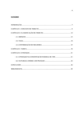 6
SUMÁRIO
INTRODUÇÃO............................................................................................................................... 7
CAPÍTULO 1: CONCEITO DE TRIBUTO ................................................................................... 8
CAPÍTULO 2: CLASSIFICAÇÃO DE TRIBUTO ...................................................................... 12
2.1: IMPOSTO .................................................................................................................. 13
2.2: TAXA......................................................................................................................... 14
2.3: CONTRIBUIÇÃO DE MELHORIA ......................................................................... 15
CAPÍTULO 3: TARIFA................................................................................................................ 18
CAPÍTULO 4: O PEDÁGIO......................................................................................................... 21
4.1: O PEDÁGIO NA CONSTITUIÇÃO FEDERAL DE 1988....................................... 21
4.2: NATUREZA JURÍDICA DO PEDÁGIO.................................................................. 22
CONCLUSÃO............................................................................................................................... 26
BIBLIOGRAFIA........................................................................................................................... 28
 
