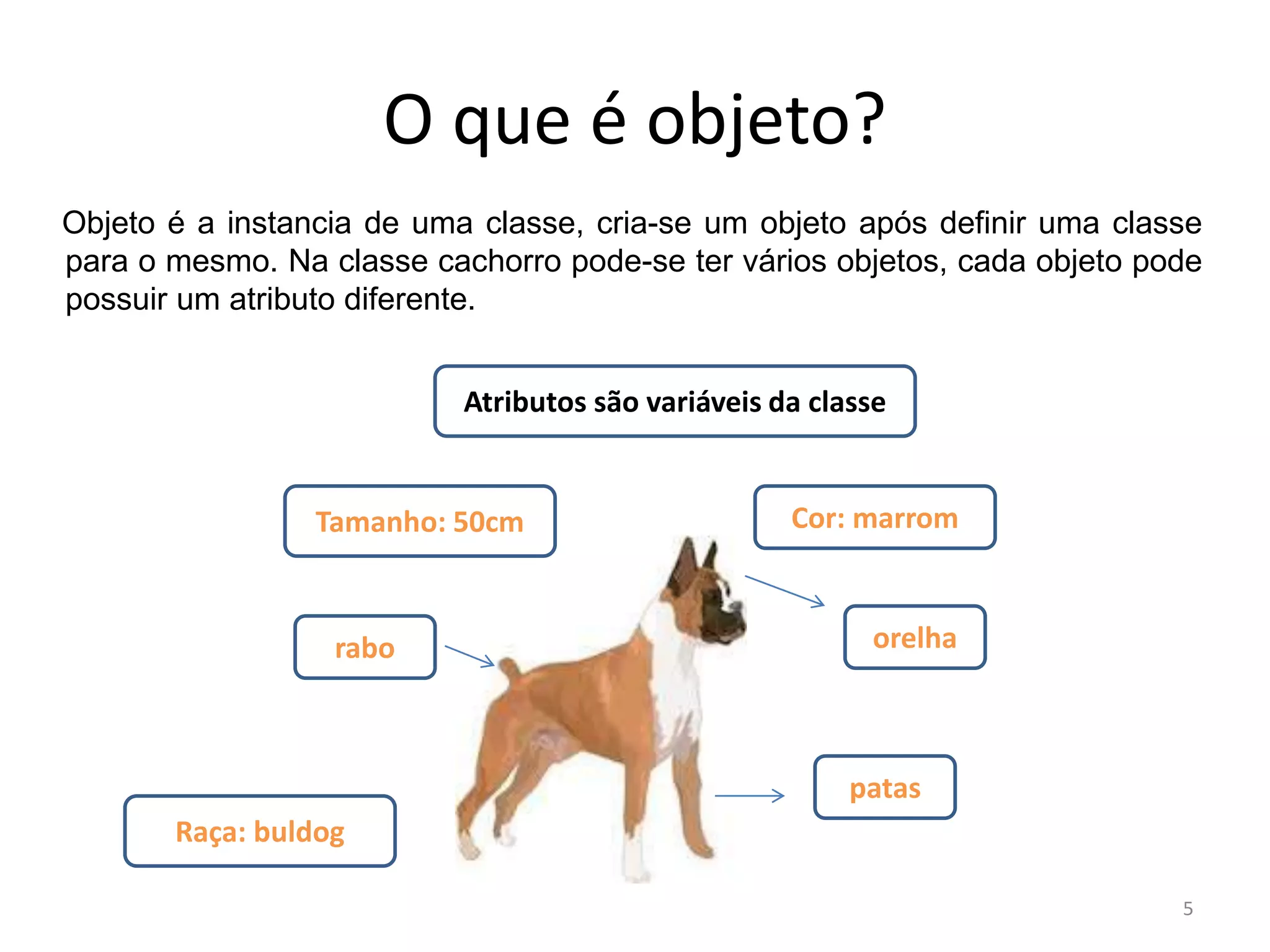 O que é objeto?
Objeto é a instancia de uma classe, cria-se um objeto após definir uma classe
para o mesmo. Na classe cachorro pode-se ter vários objetos, cada objeto pode
possuir um atributo diferente.
5
Atributos são variáveis da classe
Tamanho: 50cm
Raça: buldog
Cor: marrom
orelha
patas
rabo
 