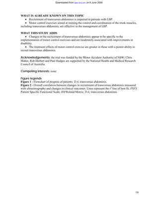 Downloaded from bjsm.bmj.com on 9 June 2009




WHAT IS ALREADY KNOWN ON THIS TOPIC
    • Recruitment of transversus abdominis is impaired in patients with LBP.
    • Motor control exercises aimed at training the control and coordination of the trunk muscles,
including transversus abdominis, are effective in the management of LBP.

WHAT THIS STUDY ADDS
    • Changes in the recruitment of transversus abdominis appear to be specific to the
implementation of motor control exercises and are moderately associated with improvements in
disability.
    • The treatment effects of motor control exercise are greater in those with a poorer ability to
recruit transversus abdominis.

Acknowledgements: the trial was funded by the Motor Accident Authority of NSW; Chris
Maher, Rob Herbert and Paul Hodges are supported by the National Health and Medical Research
Council of Australia.

Competing interests: none

Figure legends
Figure 1 - Flowchart of progress of patients. TrA, transversus abdominis.
Figure 2 - Overall correlation between changes in recruitment of transversus abdominis measured
with ultrasonography and changes in clinical outcomes. Lines represent the r2 line of best fit; PSFS
Patient Specific Functional Scale; RM Roland Morris; TrA, transversus abdominis.




                                                                                                      14
 
