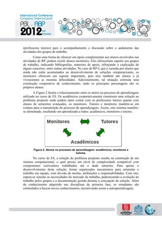 (professores tutores) para o acompanhamento e discussão sobre o andamento das
atividades dos grupos de trabalho.
Como uma forma de oferecer um apoio complementar aos alunos envolvidos nas
atividades de RP, podem existir alunos monitores. Eles ofereceriam suporte aos grupos
de trabalho, indicando bibliografias, materiais de apoio, reforçando a explicação de
alguns conceitos, entre outras atividades. No caso de RP-I, que é cursada por alunos que
ainda não estão acostumados ao desenvolvimento de soluções computacionais, os
monitores oferecem um suporte importante, pois eles também são alunos e já
vivenciaram as mesmas dificuldades. Adicionalmente, tal situação estimula uma
construção cooperativa de conhecimento, onde os principais personagens são os
próprios alunos.
A Figura 2 ilustra o relacionamento entre os atores no processo de aprendizagem
utilizado no curso de ES. Os acadêmicos cooperativamente constroem uma solução ao
problema proposto onde podem tanto contar com os professores tutores quanto com
alunos de semestres avançados, os monitores. Tutores e monitores mantêm-se em
contato para a manutenção do processo de aprendizagem. Assim, este sistema mantêm-
se alimentado, resultando em aprendizado a todos: acadêmicos, monitores e tutores.
Figura 2. Atores no processo de aprendizagem: acadêmicos, monitores e
tutores.
No curso de ES, a solução do problema proposto resulta na construção de um
sistema computacional, o qual possui um nível de complexidade compatível com
componentes curriculares trabalhados até o dado semestre. Para apoiar o
desenvolvimento desta solução, foram organizados mecanismos para estimular o
trabalho em equipe, com divisão de tarefas, atribuições e responsabilidades. Com isto,
espera-se simular as necessidades do mercado de trabalho, padronizando a evolução do
trabalho pelos grupos e a documentação gerada durante a concepção da solução. Além
do conhecimento adquirido nas disciplinas da primeira fase, os estudantes são
estimulados a buscar novos conhecimentos, incentivando assim a autoaprendizagem.
 